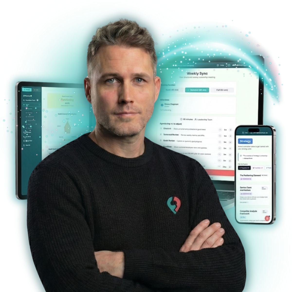 Shane with the ESCAPE Business System on tablet, laptop, and phone